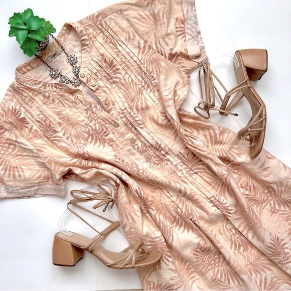 Faherty Linen Gemina Shift Dress Blue Blush Pink Palm Print Short Sleeve Size S - Picture 2 of 16